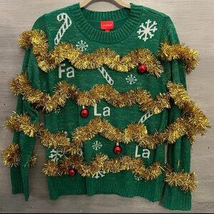 Joyland Green Gold Garland Red Bulb Holiday Christmas Crewneck Sweater Medium LN